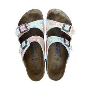 Birkenstock Sandals Sz 39 Pink Blue Floral Cork Leather Buckle Straps Used-Good